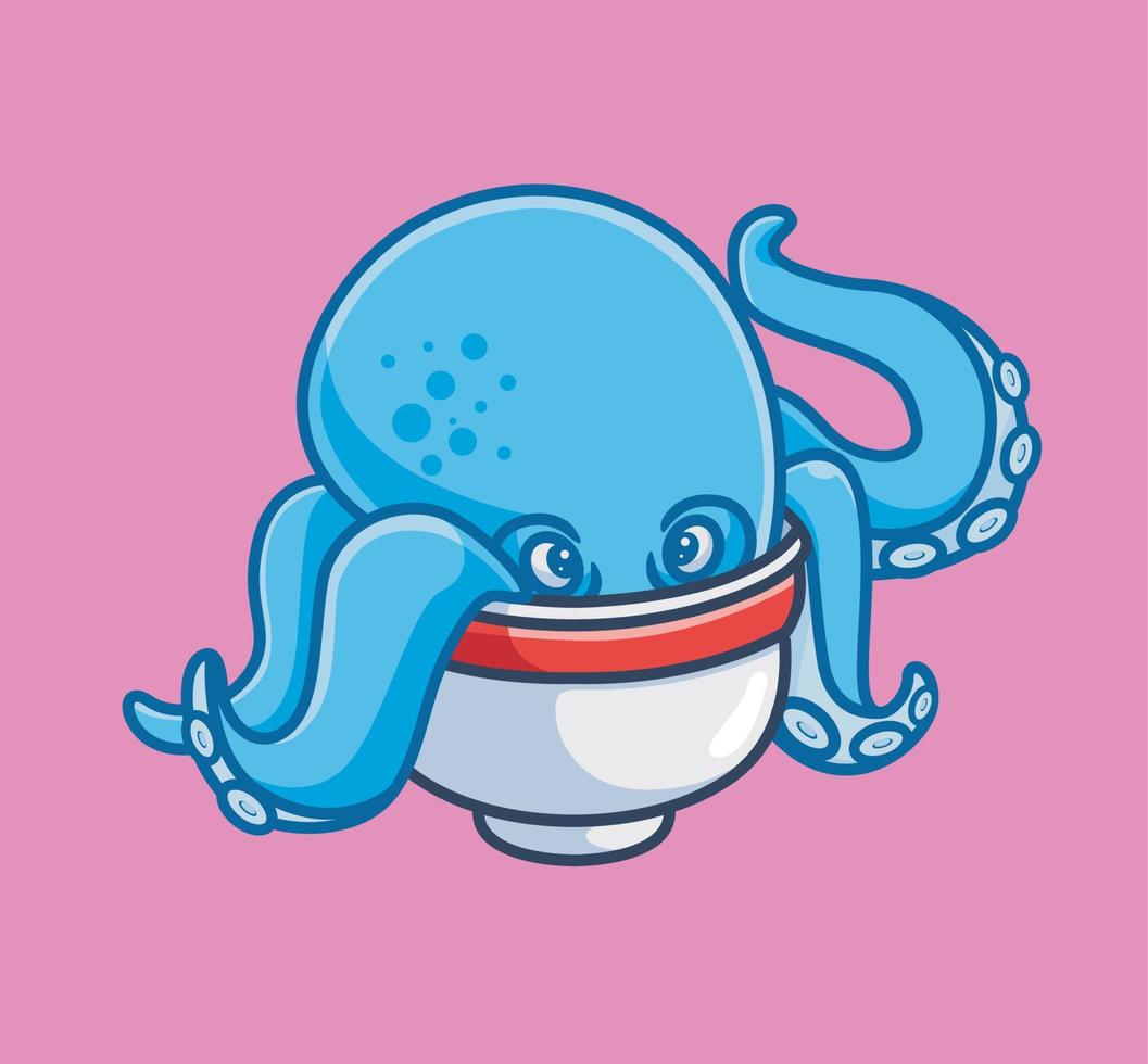 lindo pulpo escondido dentro del tazón. ilustración de naturaleza animal de dibujos animados aislados. vector de logotipo premium de diseño de icono de etiqueta de estilo plano. personaje mascota