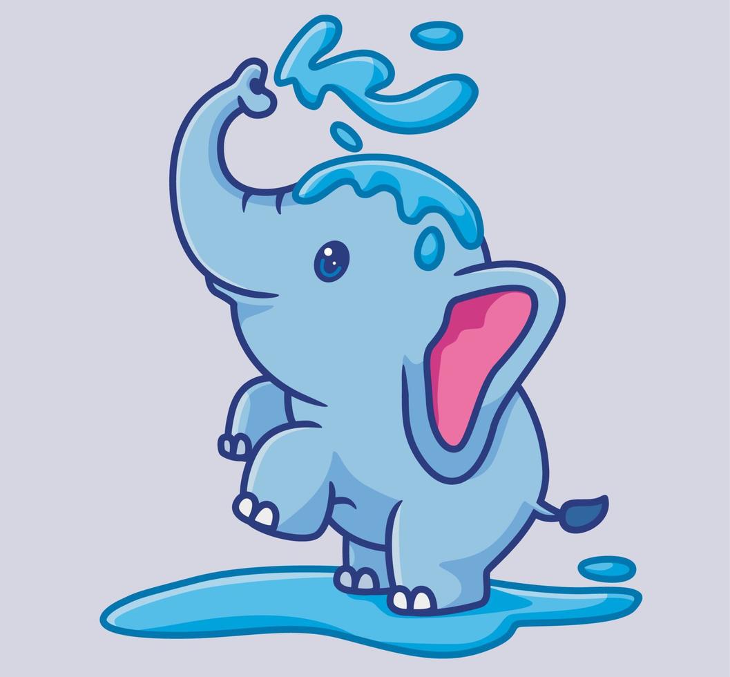 lindo elefante bañándose con agua rociada de su trompa. ilustración animal de dibujos animados aislados. vector de logotipo premium de diseño de icono de etiqueta de estilo plano. personaje mascota