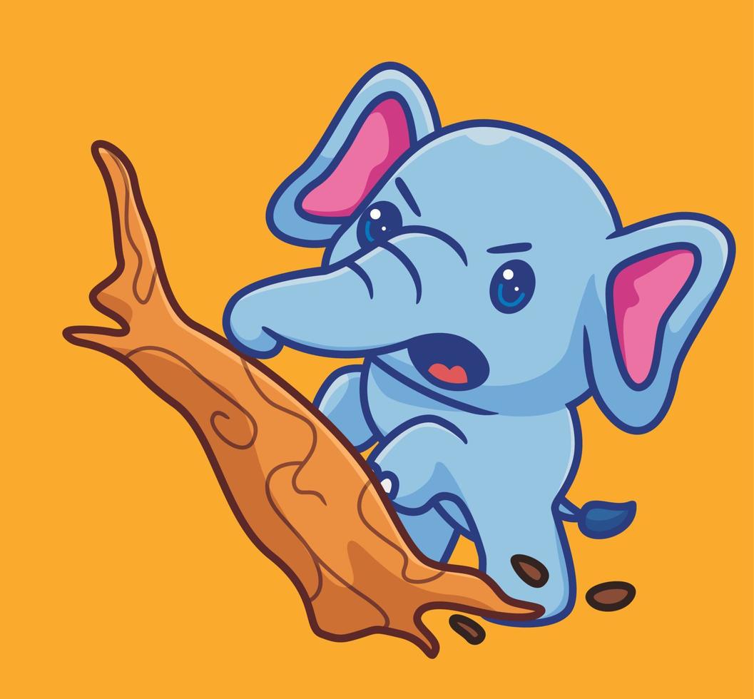 lindo elefante rompiendo un árbol enojado. ilustración animal de dibujos animados aislados. vector de logotipo premium de diseño de icono de etiqueta de estilo plano. personaje mascota