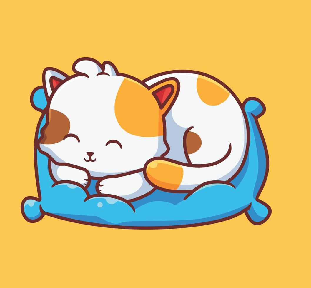 lindo gato duerme en la almohada. ilustración animal de dibujos animados aislados. vector de logotipo premium de diseño de icono de etiqueta de estilo plano. personaje mascota
