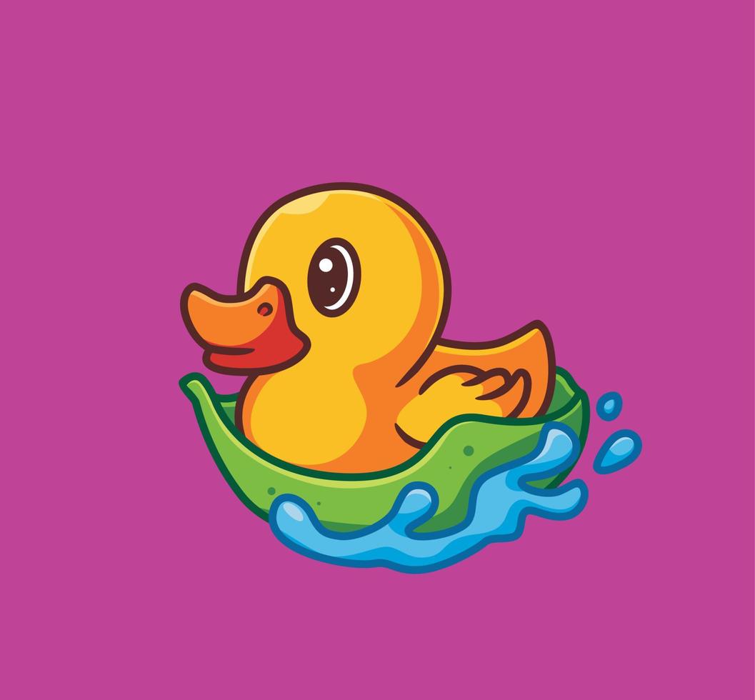 lindo pato amarillo usando una hoja como bote para nadar. ilustración de naturaleza animal de dibujos animados aislados. vector de logotipo premium de diseño de icono de etiqueta de estilo plano. personaje mascota