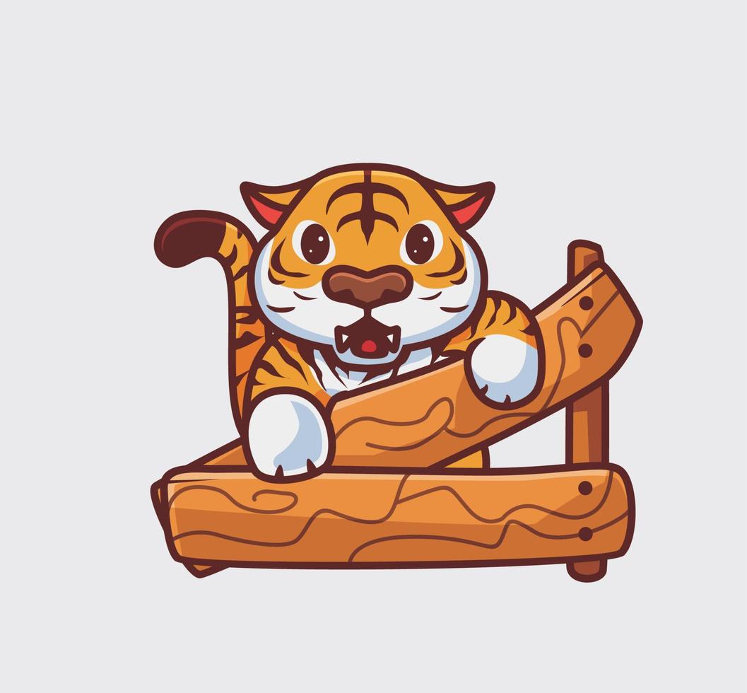 lindo tigre rompe la madera de la valla. ilustración de naturaleza animal de dibujos animados aislados. estilo plano adecuado para el vector de logotipo premium de diseño de icono de etiqueta. personaje mascota