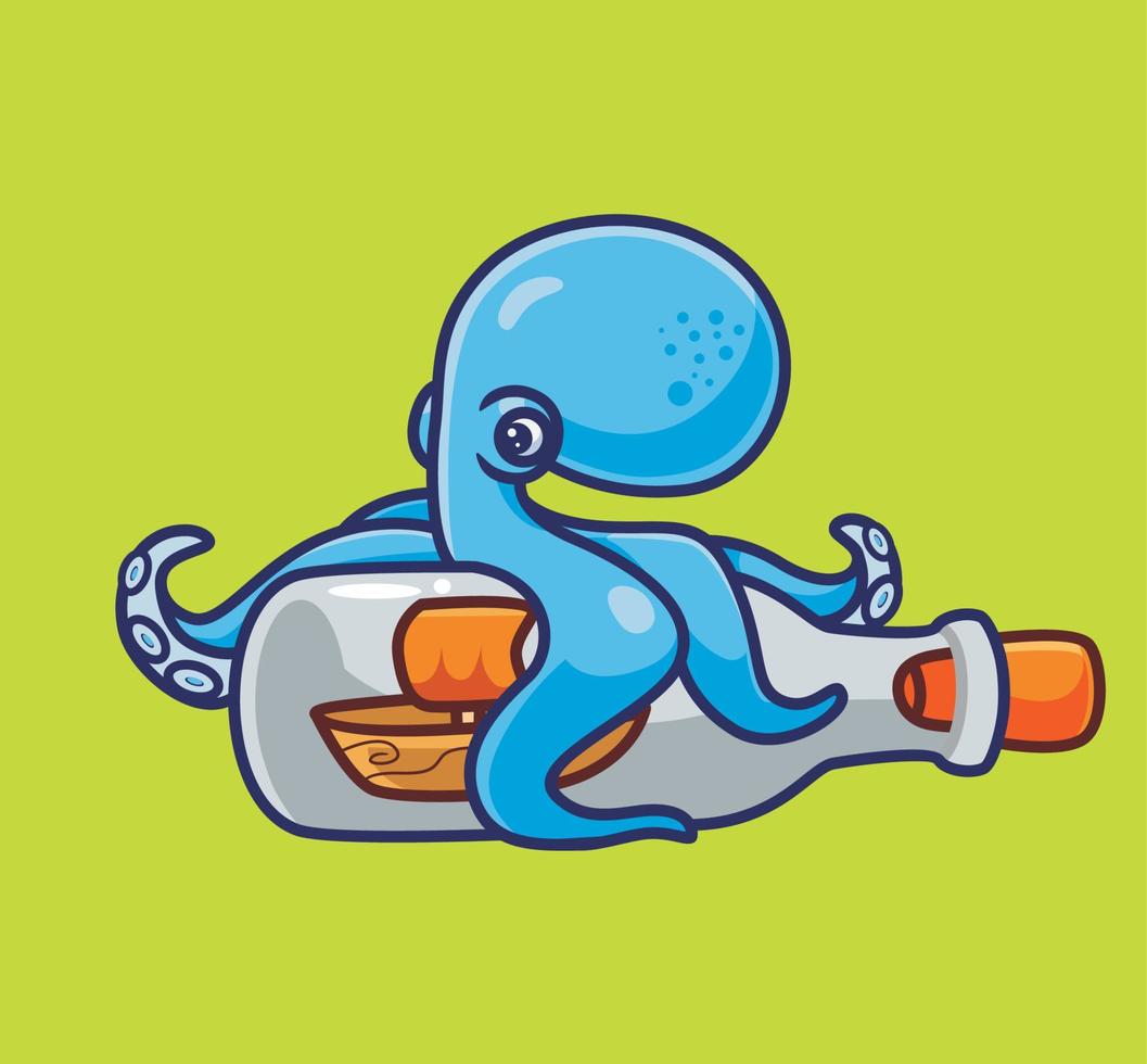 lindo pulpo azul encontró una botella con una miniatura de barco dentro. ilustración de naturaleza animal de dibujos animados aislados. vector de logotipo premium de diseño de icono de etiqueta de estilo plano. personaje mascota