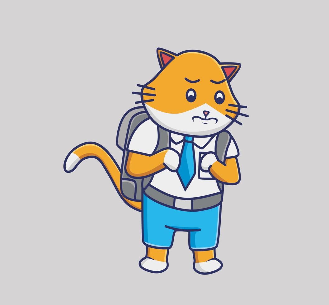 lindo gato estudiante molesto triste. ilustración aislada del concepto de estudiante animal de dibujos animados. estilo plano adecuado para el vector de logotipo premium de diseño de icono de etiqueta. personaje mascota