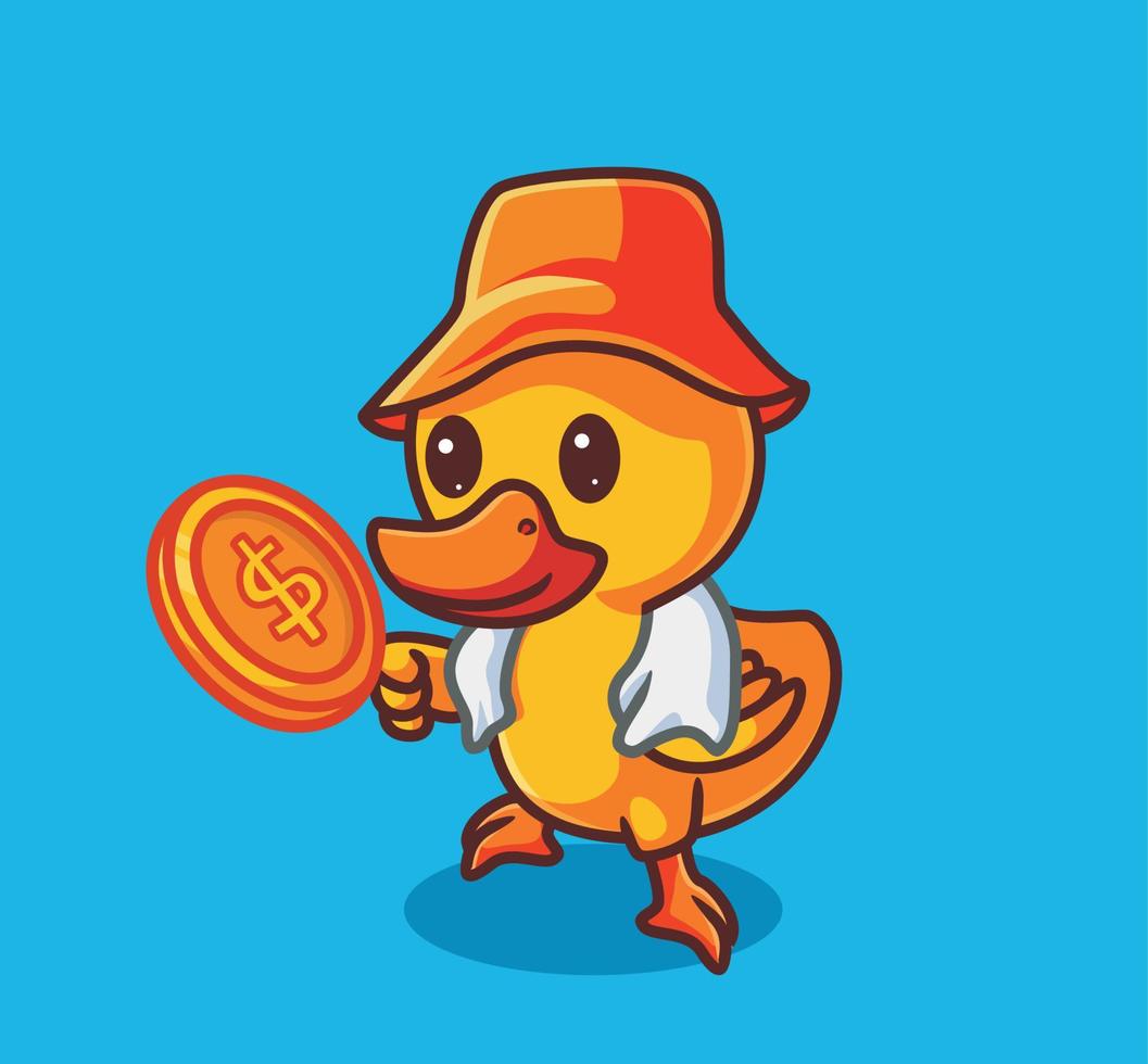 cute duck working hard to get a money. isolated cartoon animal nature illustration. Flat Style Sticker Icon Design Premium Logo vector. Mascot Character vector