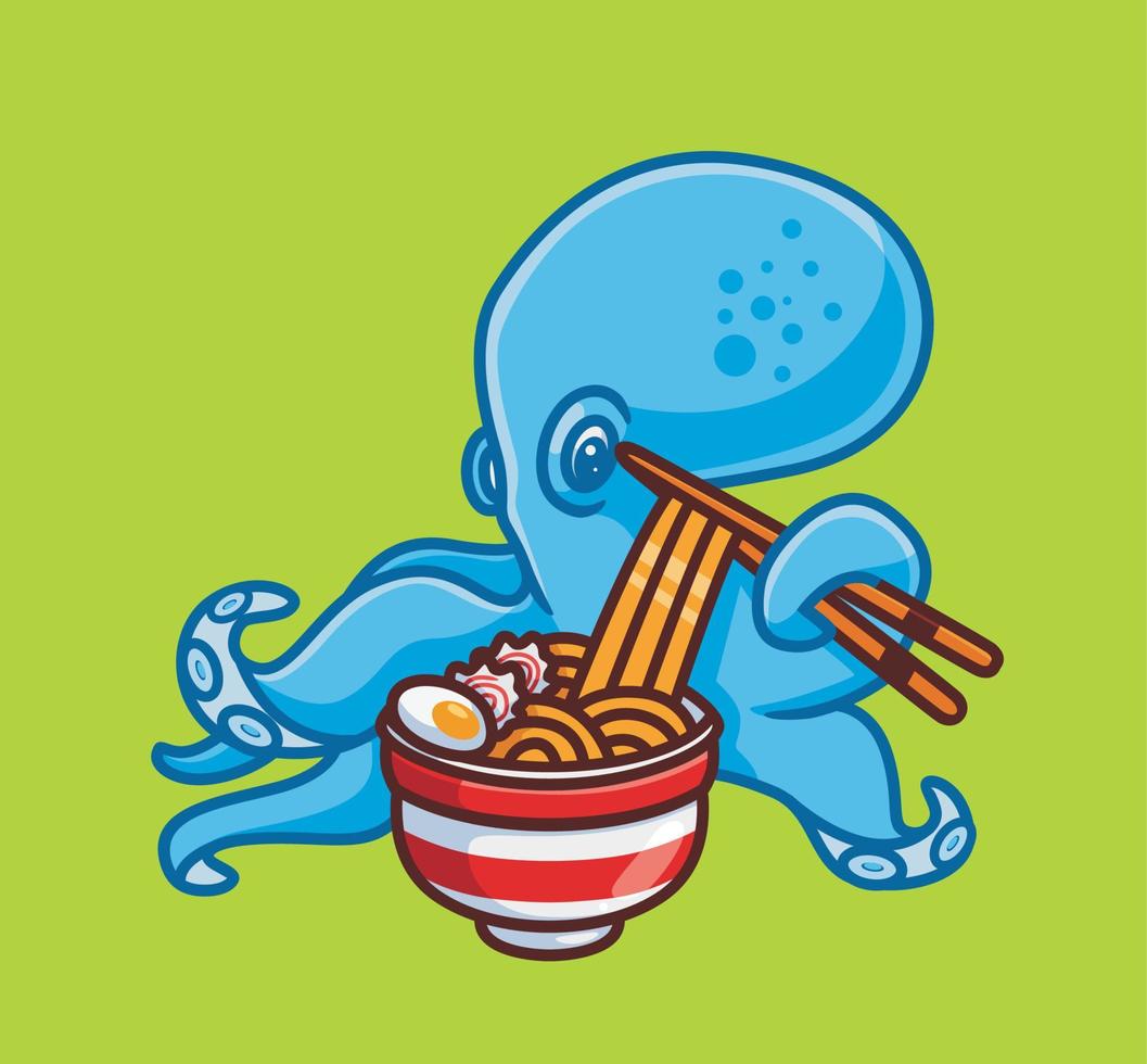 lindo pulpo comiendo fideos con palillos. ilustración de naturaleza animal de dibujos animados aislados. vector de logotipo premium de diseño de icono de etiqueta de estilo plano. personaje mascota