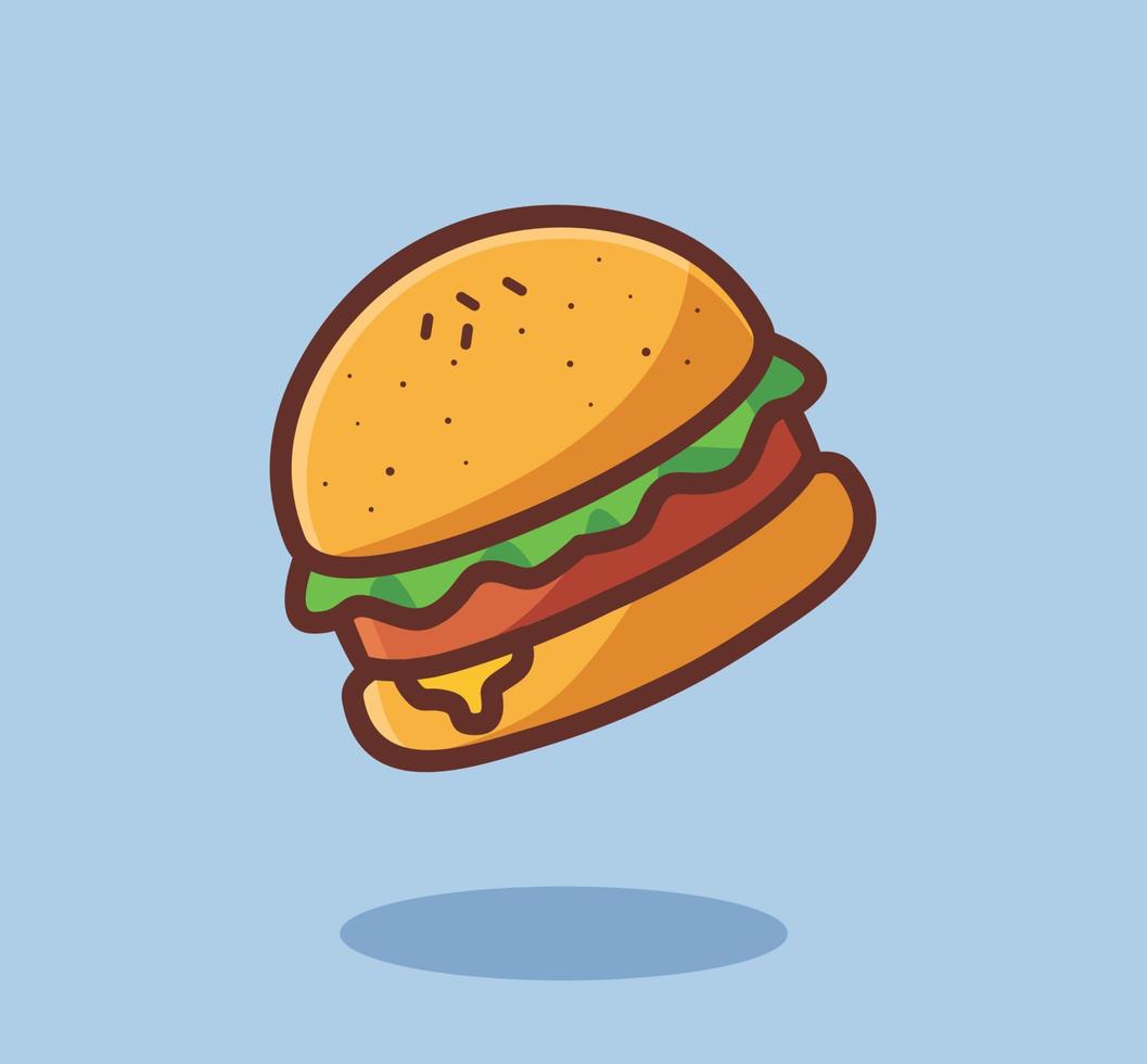 linda hamburguesa con queso derretido. ilustración aislada del concepto de comida de dibujos animados. estilo de dibujos animados plano adecuado para el diseño de icono de etiqueta vector de logotipo premium