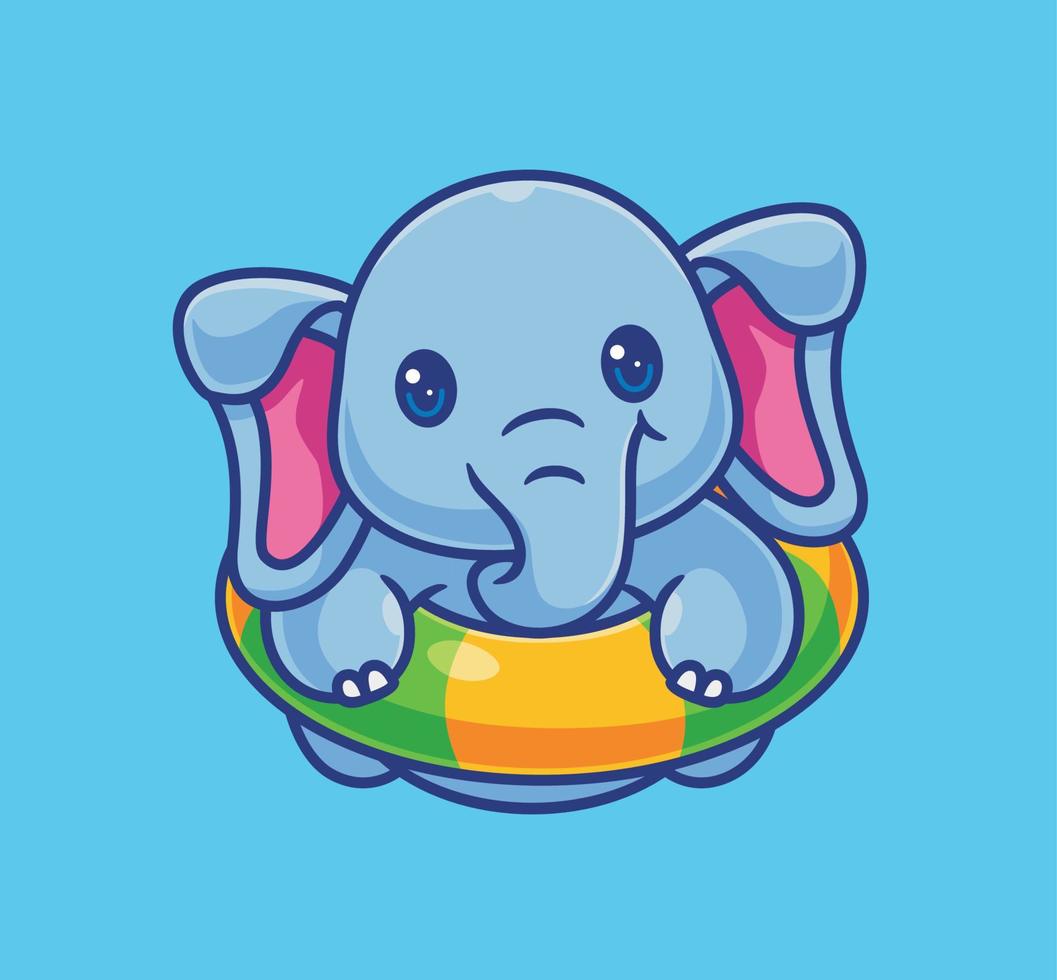 lindo elefante vacaciones verano nadando usando salvavidas. ilustración animal de dibujos animados aislados. vector de logotipo premium de diseño de icono de etiqueta de estilo plano. personaje mascota