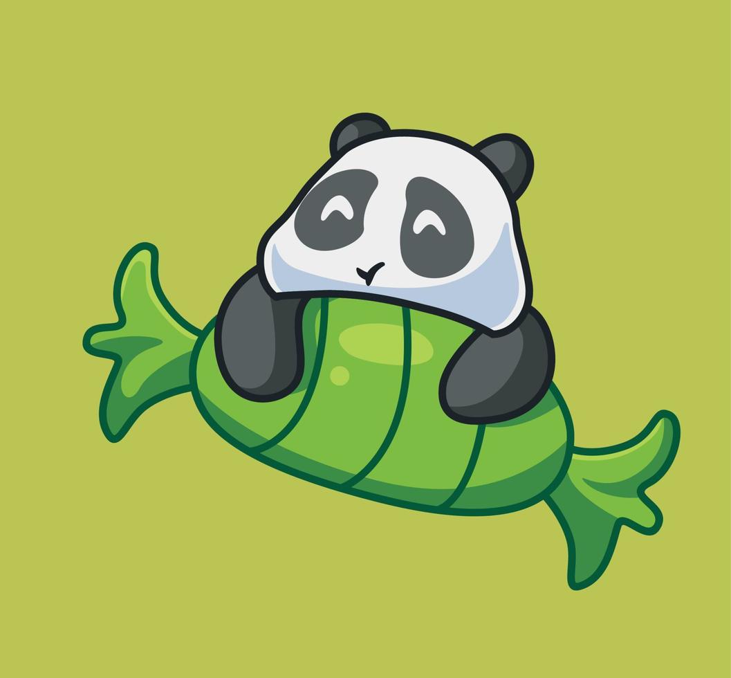 lindo panda consigue un caramelo verde. ilustración de naturaleza animal de dibujos animados aislados. estilo plano adecuado para el vector de logotipo premium de diseño de icono de etiqueta. personaje mascota