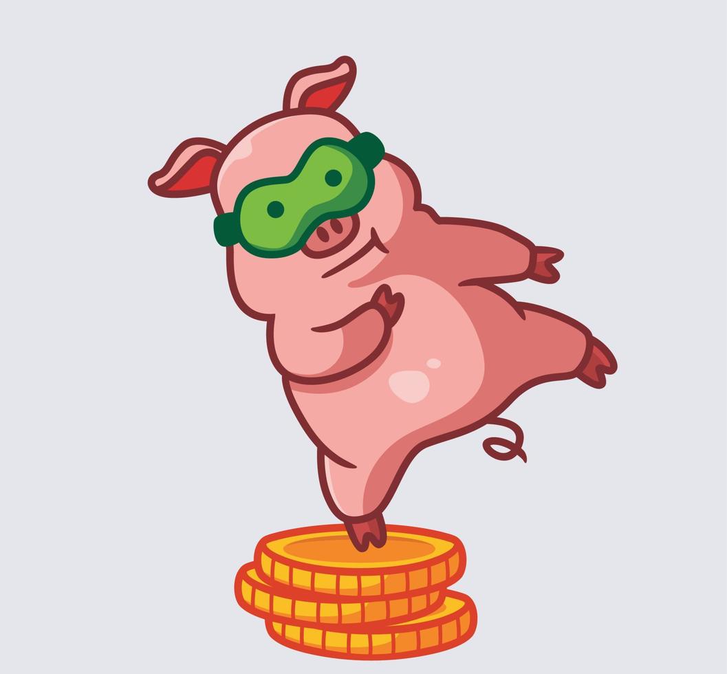 lindo cerdo rosa en un montón de monedas. ilustración de naturaleza animal de dibujos animados aislados. estilo plano adecuado para el vector de logotipo premium de diseño de icono de etiqueta. personaje mascota