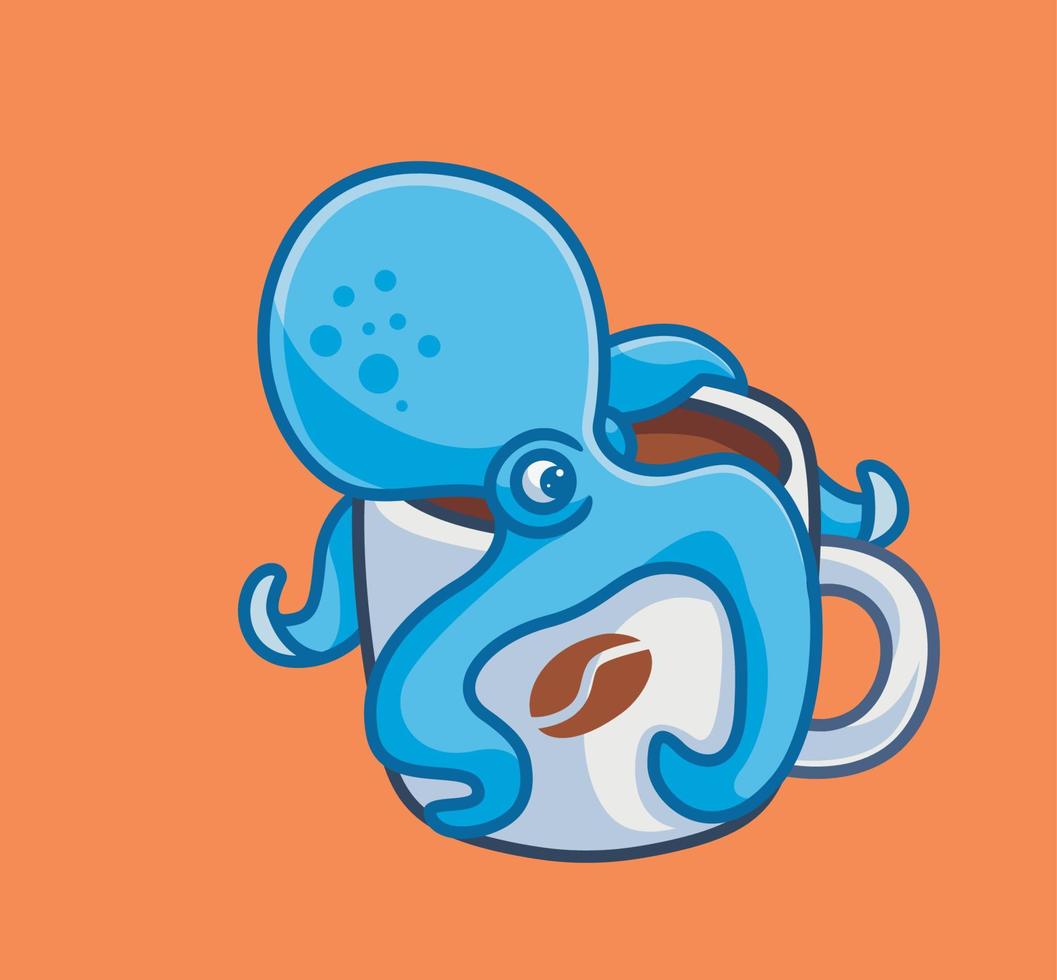 lindo pulpo bebe un café. ilustración de naturaleza animal de dibujos animados aislados. vector de logotipo premium de diseño de icono de etiqueta de estilo plano. personaje mascota