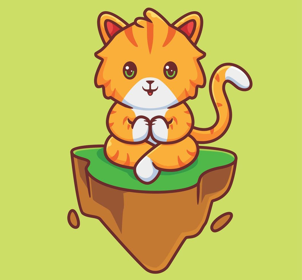 linda meditación de gato en suelo flotante. ilustración animal de dibujos animados aislados. vector de logotipo premium de diseño de icono de etiqueta de estilo plano. personaje mascota