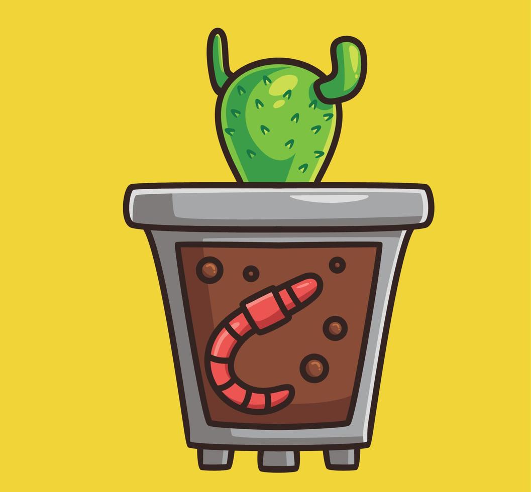 linda planta de cactus fertilizante de gusano. ilustración aislada del concepto de naturaleza animal de dibujos animados. estilo plano adecuado para el vector de logotipo premium de diseño de icono de etiqueta. personaje mascota