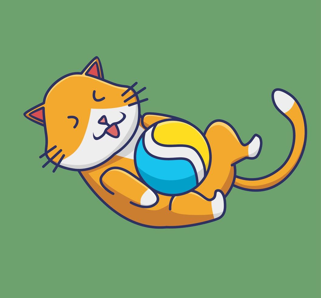 lindo gato jugando una pelota. ilustración aislada del concepto de naturaleza animal de dibujos animados. estilo plano adecuado para el vector de logotipo premium de diseño de icono de etiqueta. personaje mascota