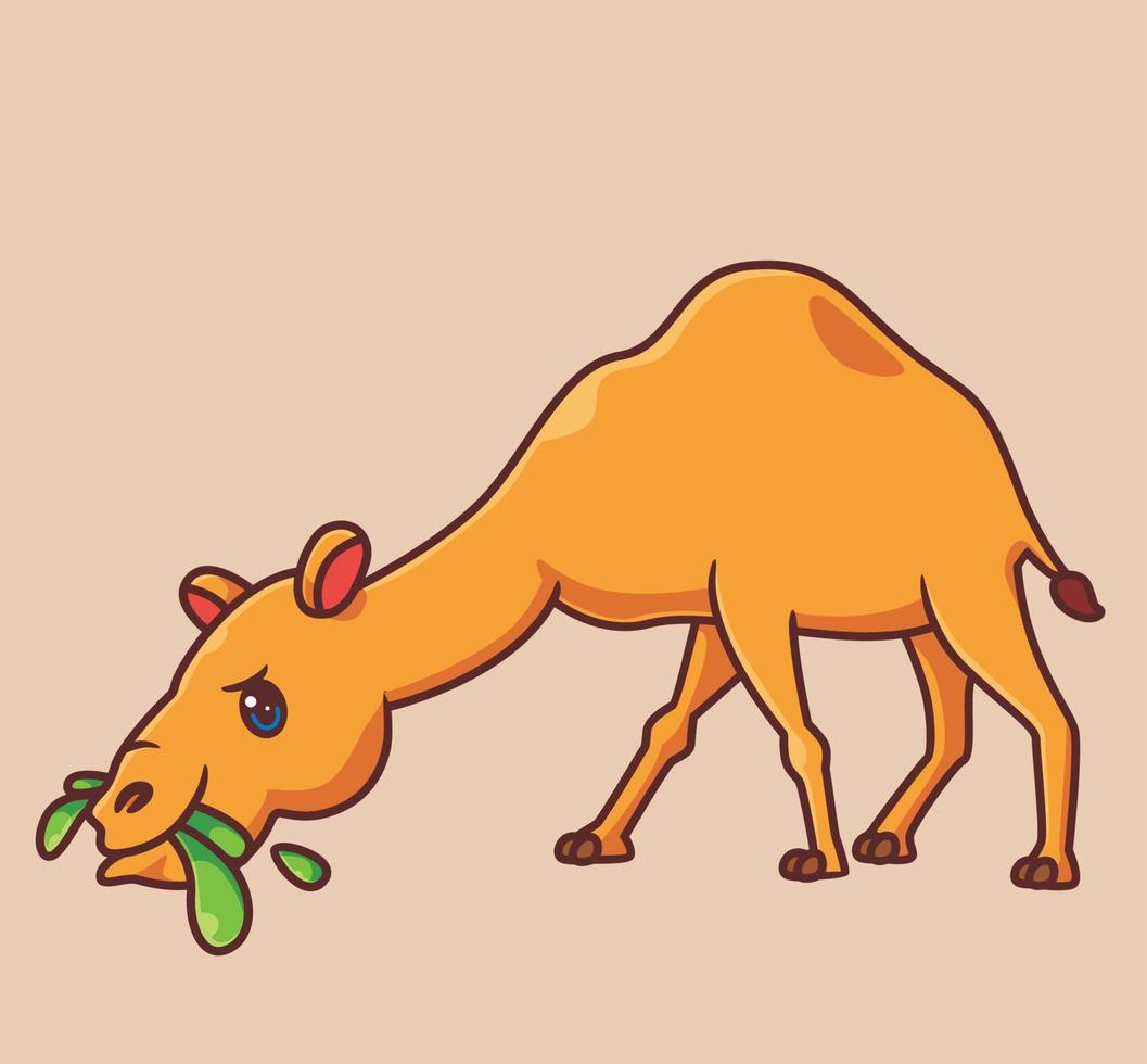 lindo camello comiendo hierba en el fround. ilustración animal de dibujos animados aislados. vector de logotipo premium de diseño de icono de etiqueta de estilo plano. personaje mascota