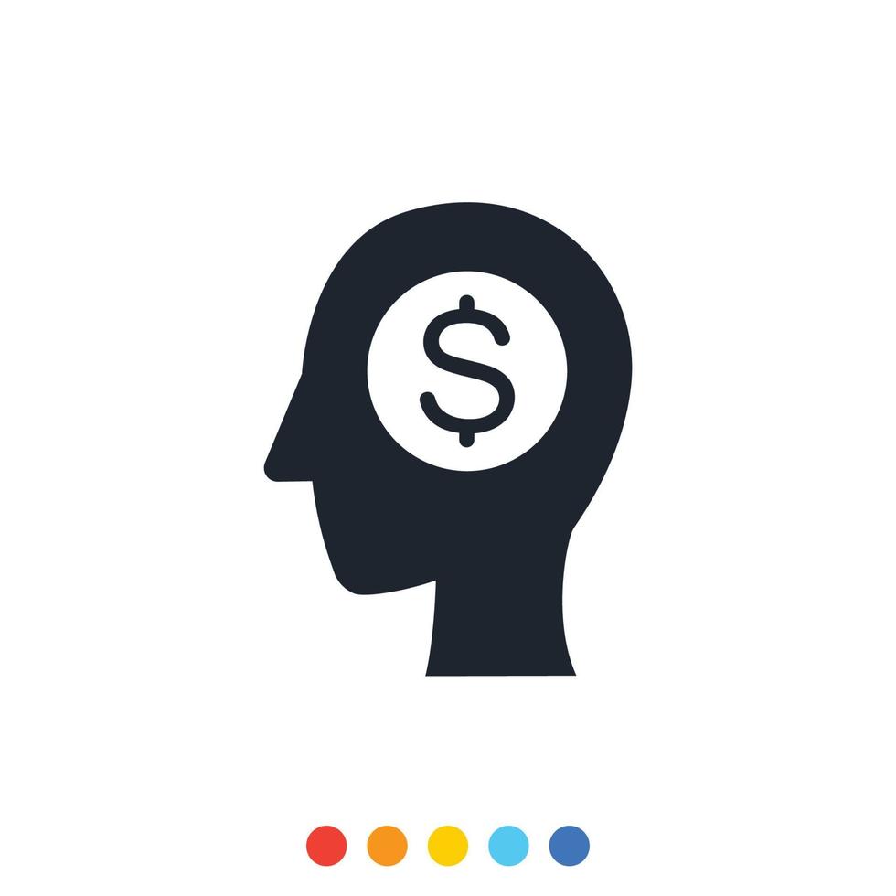 icono cabeza humana con símbolo de moneda dentro, icono simple en conceptos de negocios financieros. vector