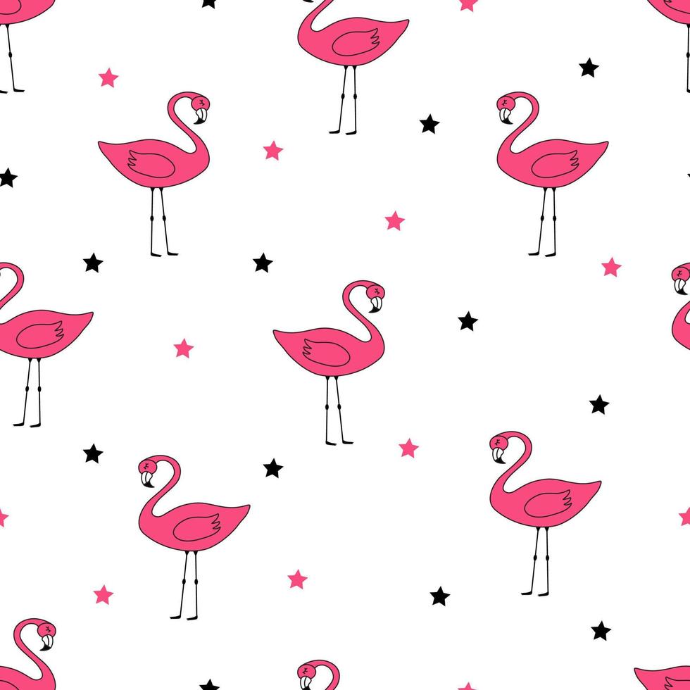 seamless, patrón, caricatura, rosa, flamingo, lindo, carácter, bebé, papel pintado, plano de fondo vector