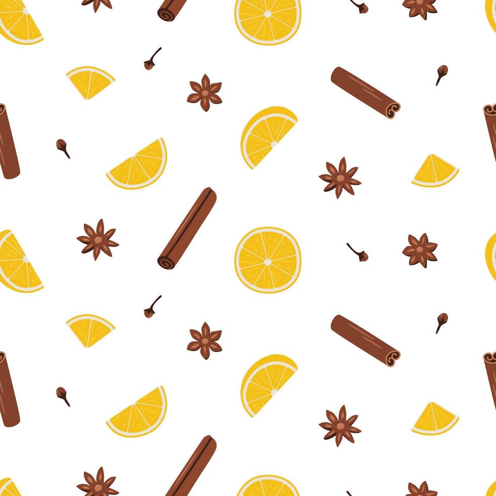 Seamless pattern of orange cinnamon anise and clove. Vector illustration of ingredients for mulled wine, winter spices background.