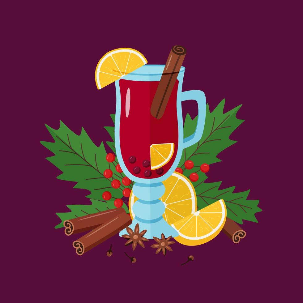 Mulled wine in a glass with orange slices, cinnamon cloves and anise. Christmas hot drink, viburnum branches with berries. Vector illustration cartoon style
