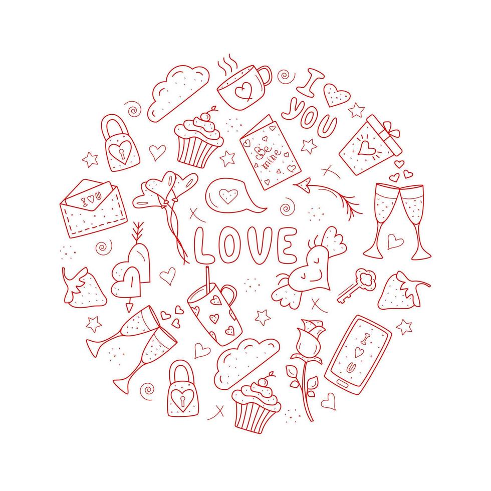Red vector items. set Valentine day and weddings icons doodle. Design for prints, cards and coloring page
