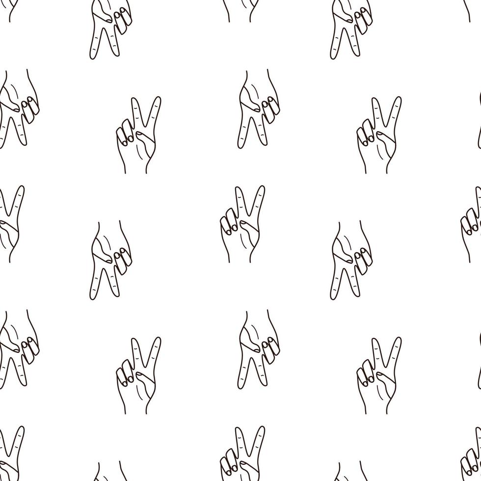 Seamless pattern hand gesture showing two fingers, love and peace, a sign of victory. Vector illustration, background.