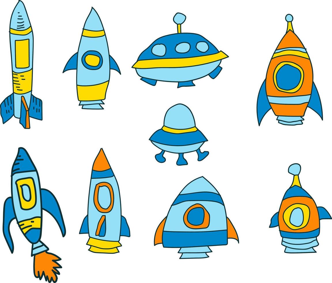 Set cartoon spaceship. UFO vector flying saucer, spaceship and rocket.