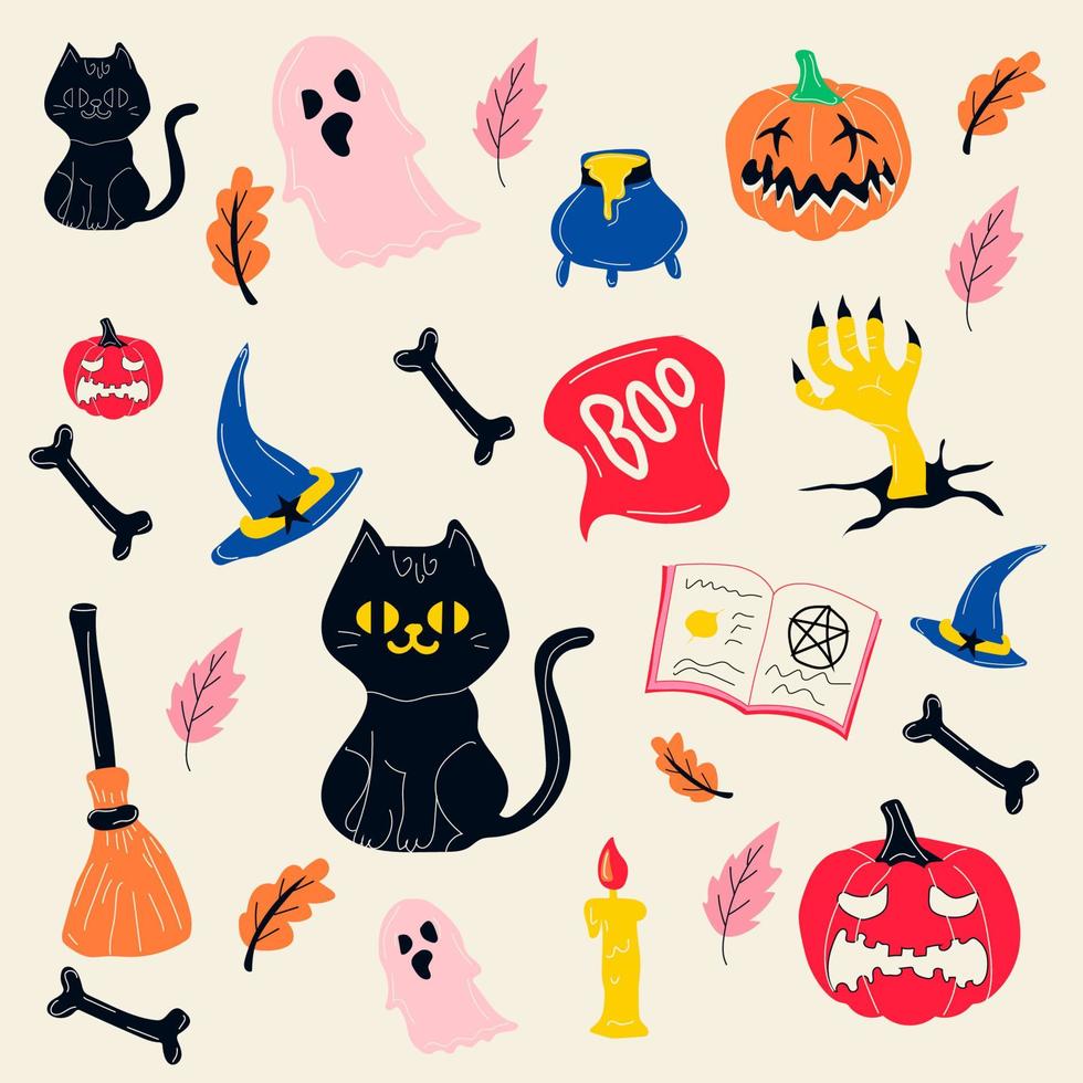 Halloween element set ghost, pumpkin, cat, hat, book of spells, broom. Perfect for scrapbooking, greeting card, party invitation, poster, tag, sticker kit. Hand drawn vector illustration isolated