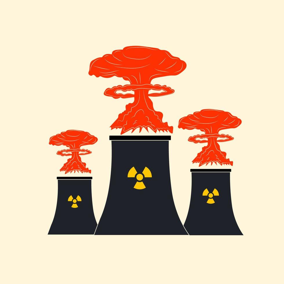Explosion at nuclear power plants, nuclear disaster, nuclear terrorism.NPP. Hand drawn vector illustration isolated on white background. Modern flat cartoon style.