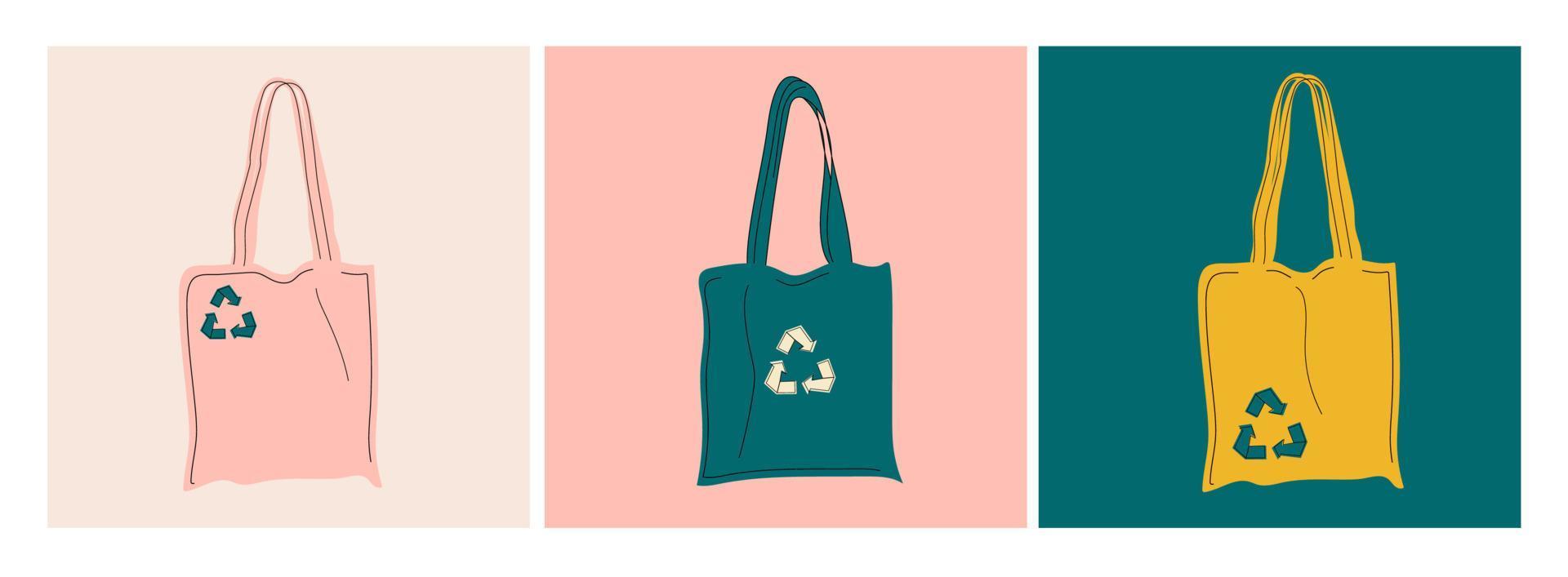 conjunto de bolsas de compras conjunto de tres ilustraciones vectoriales dibujadas a mano. vector