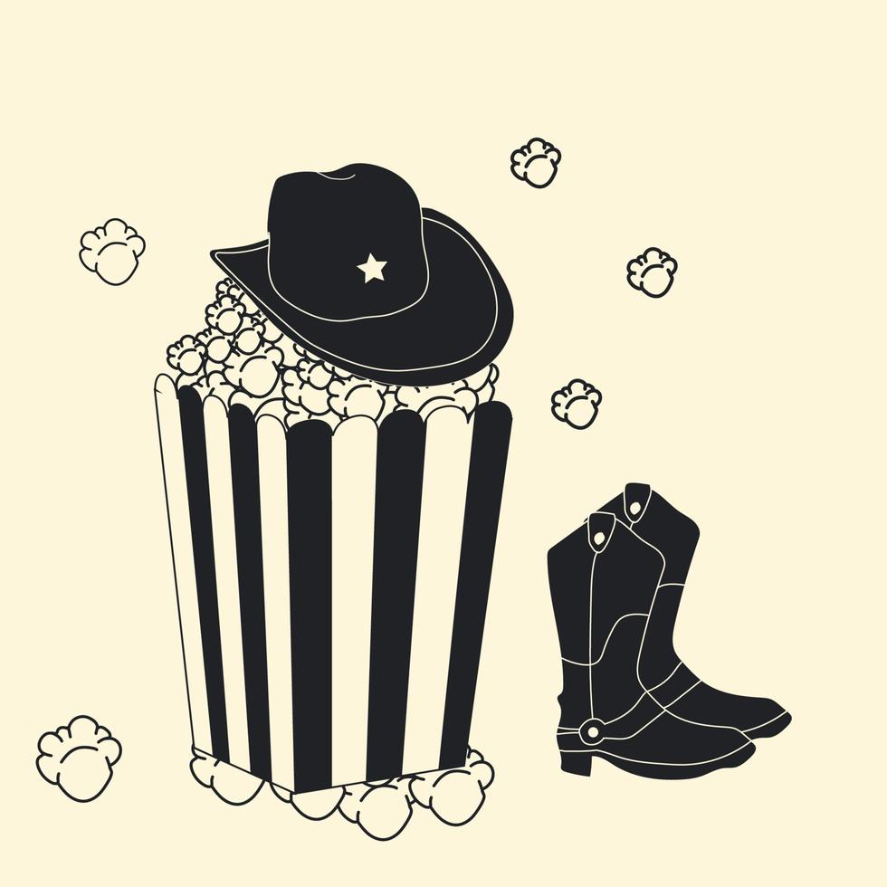 Vector Western movies. Cartoon image of popcorn bucket with cowboy's hat on top and cowboy boots, symbolizing a Western movies. Vector in cartoon style. All elements are isolated