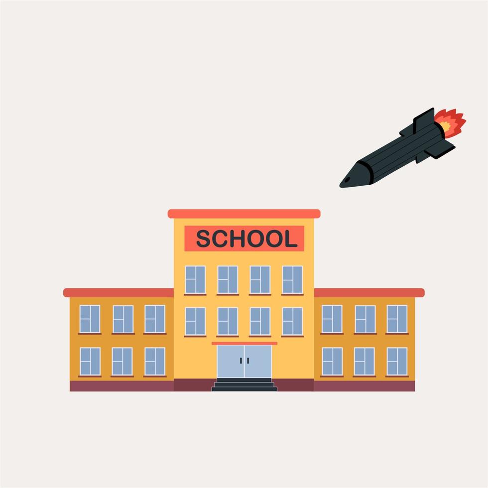 Illustration of a school in which a rocket, bomb flies. Hand drawn. Vector