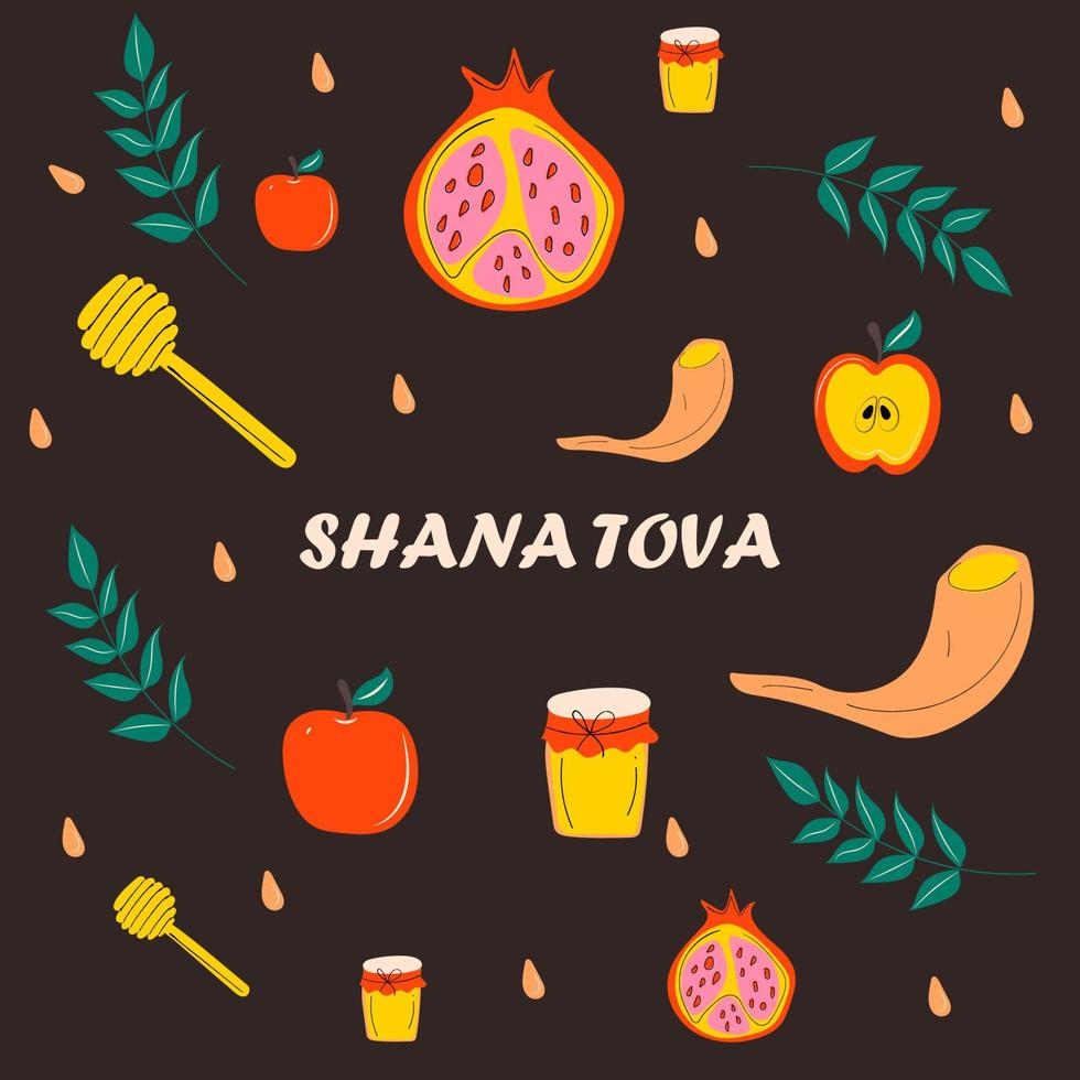 Rosh Hashanah jewish new year greeting card design with hand drawing apple, honey and pomegranate. Vector illustration