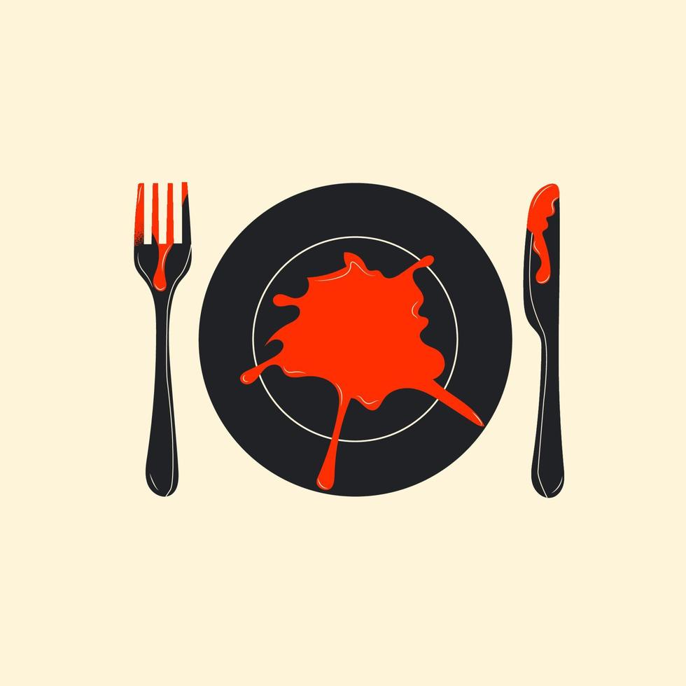 Cutlery with blood, a plate covered in blood, dinner of a vampire or monster. Halloween vector illustration