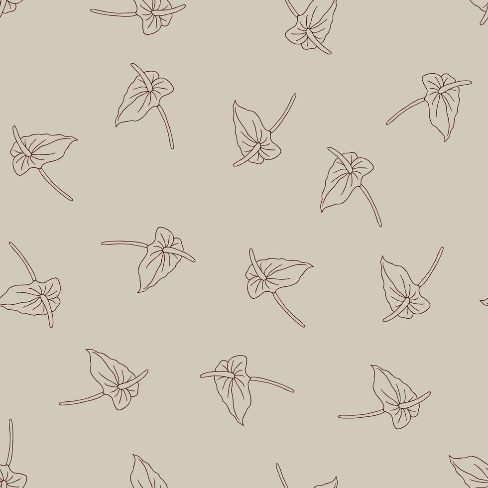 Seamless pattern of doodle flowers. Hand drawn jungle flower anthurium on a beige background. Decorative vector exotic tropical element for invitations cards, textile, print and design.