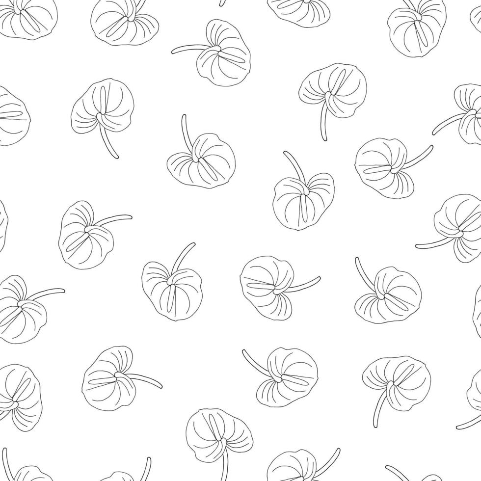 Seamless pattern of doodle flowers. Hand drawn jungle flower anthurium on a white background. Decorative vector exotic tropical element for invitations cards, textile, print and design.