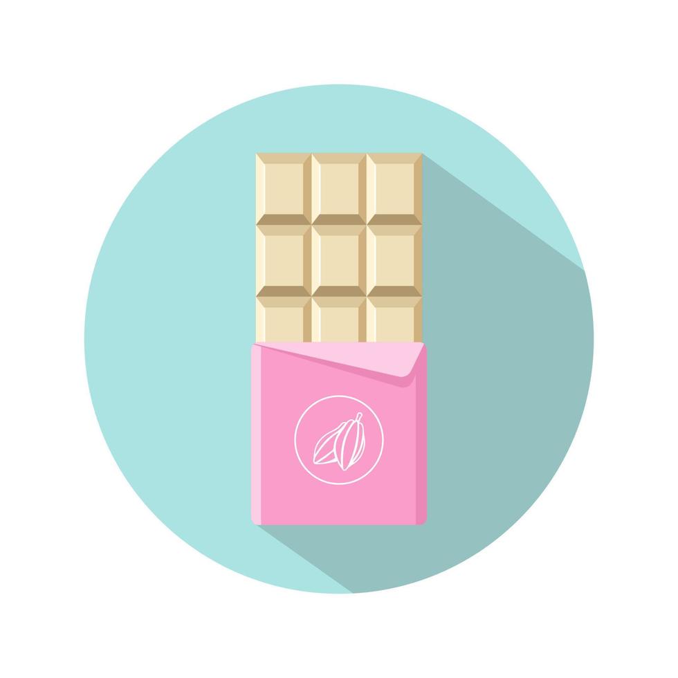 Chocolate bar icon. Open white milk chocolate in foil packaging. Flat dessert and sweet. Vector illustration in cartoon style.