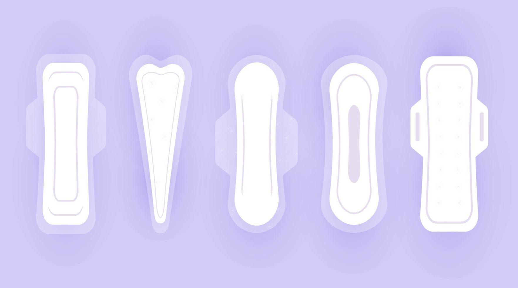 Women hygiene pads set of vector icons isolated on violet background with shadow. Hygiene pads types, feminine hygiene sanitary napkin products. Personal hygiene elements in flat style.
