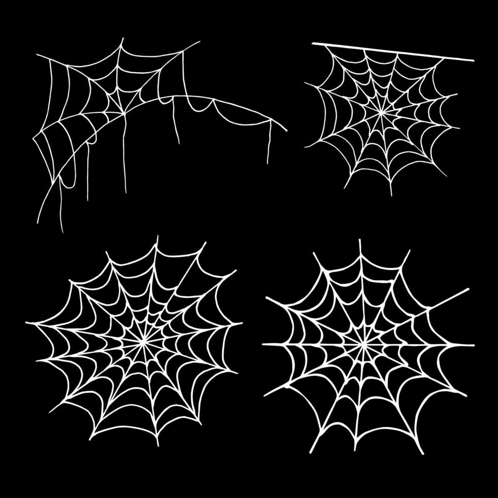 Cobweb collection, isolated on black background. Halloween spider web set. Hand drawn icons for Halloween decoration. Line art in sketch style. vector