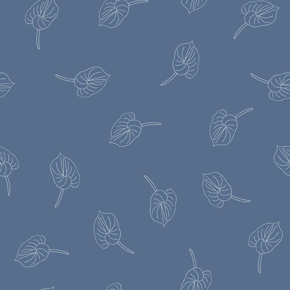 Seamless pattern of doodle flowers. Hand drawn jungle flower anthurium on a blue background. Decorative vector exotic tropical element for invitations cards, textile, print and design.