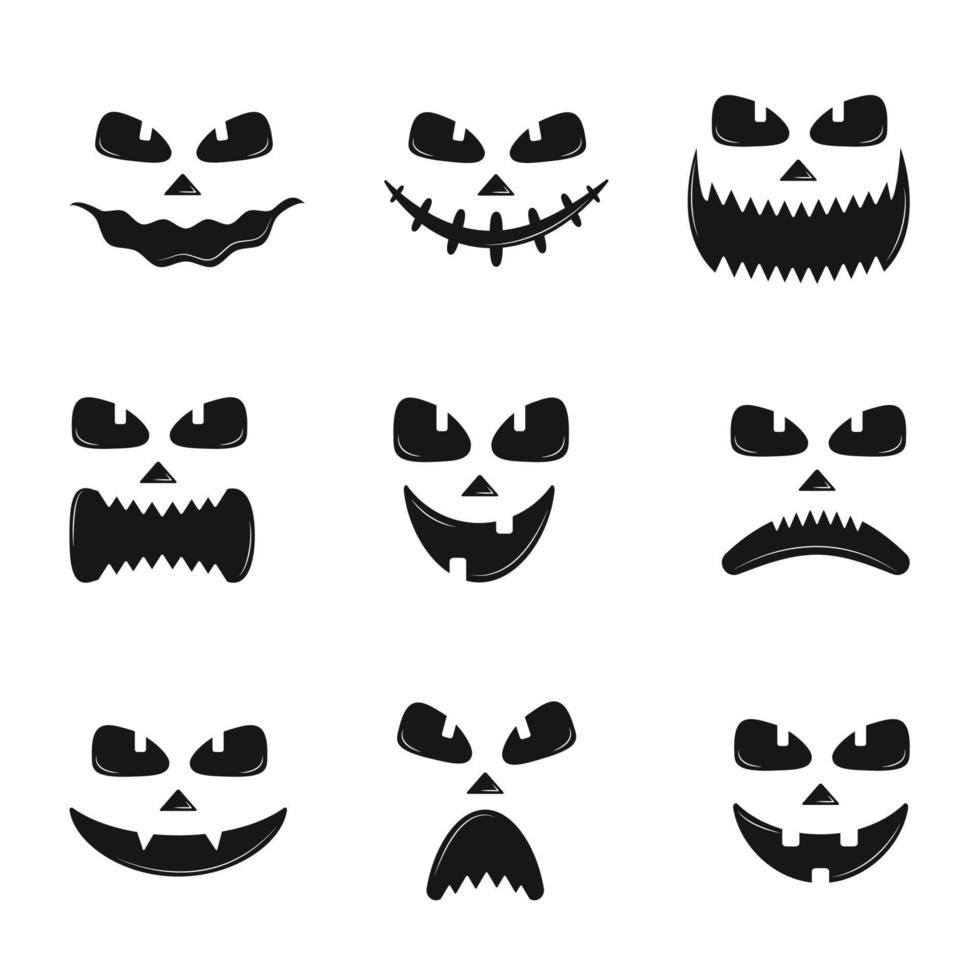 Set of pumpkin faces silhouette icons for Halloween isolated on white background. Scary pumpkin devil smile, spooky jack o lanter. Vector illustration in flat style.