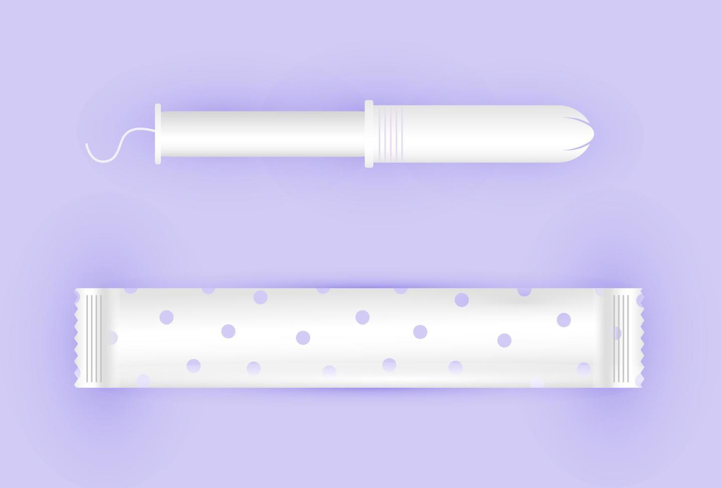 tampón blanco femenino con hilo blanco. días de menstruación. tampón en envase de plástico, hisopo con aplicador. cuidado menstrual de la mujer. ilustración de productos de higiene para niñas en un estilo plano. vector