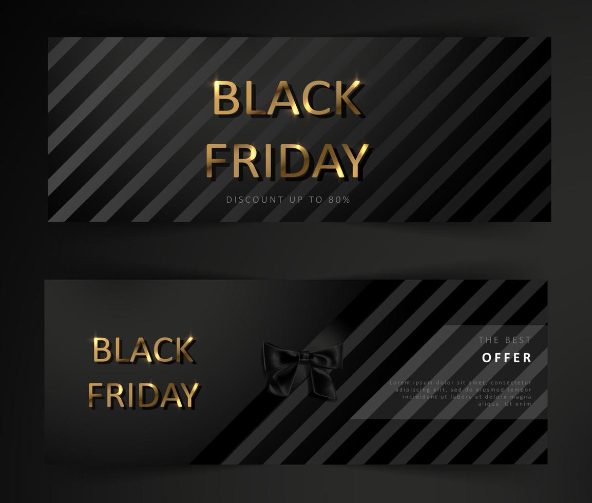 Black Friday sale poster. Commercial discount event banner. Black background with gold lettering. vector