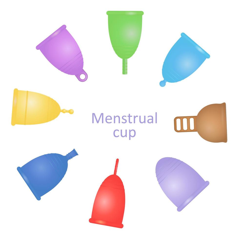 Set of different silicone menstrual cups. Eco-friendly, washable intimate product. Zero waste supplies for personal hygiene. Plastic-free concept. 3D realistic vector illustration of woman hygiene.