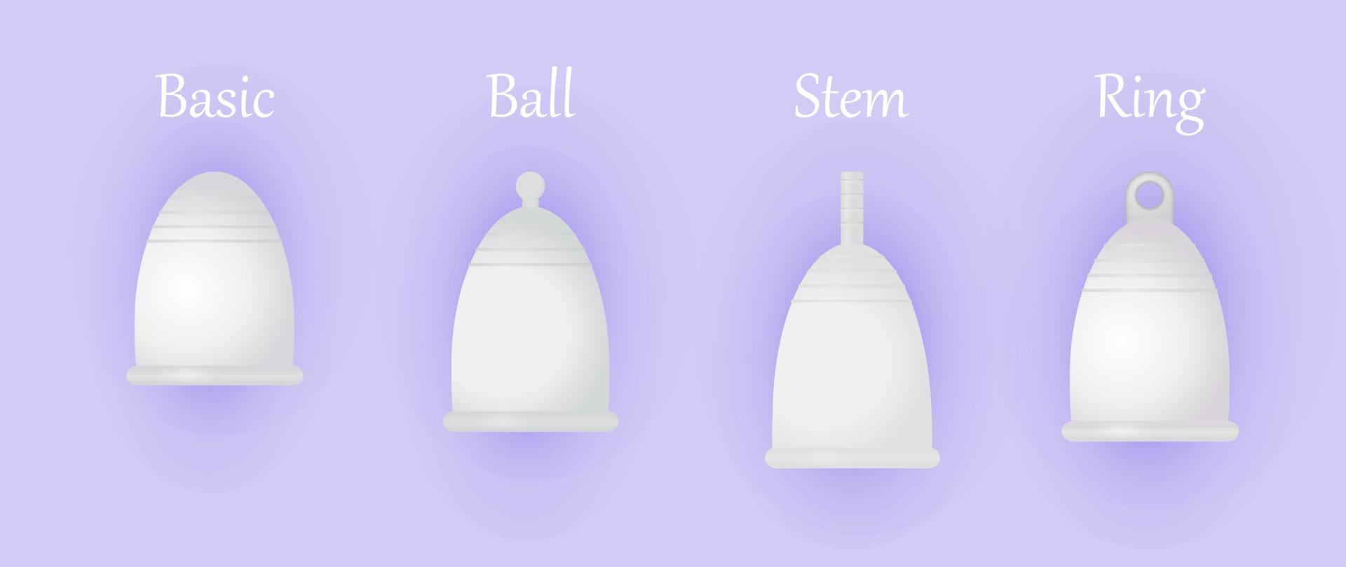 Set of different silicone menstrual cups. Eco-friendly, washable intimate product. Zero waste supplies for personal hygiene. Plastic-free concept. 3D realistic vector illustration of woman hygiene.