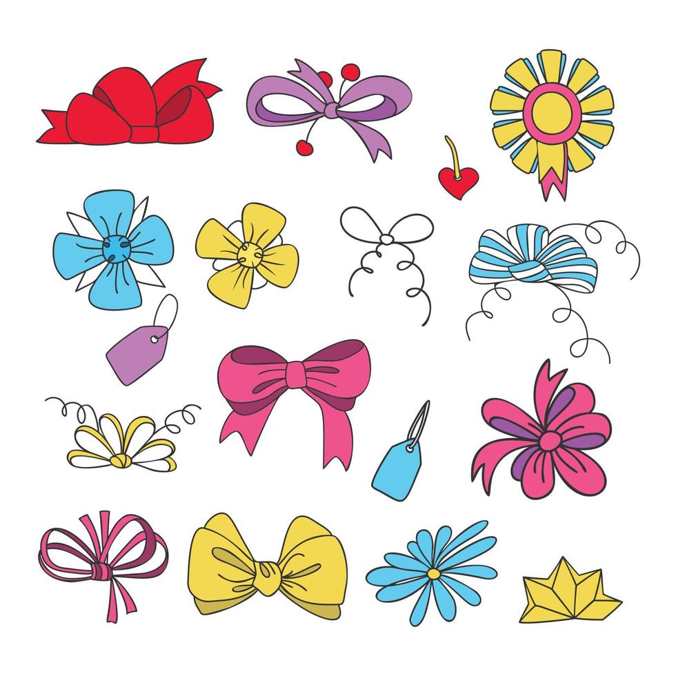 Collection of doodle sketch festive gift bows. Christmas gift bows. vector
