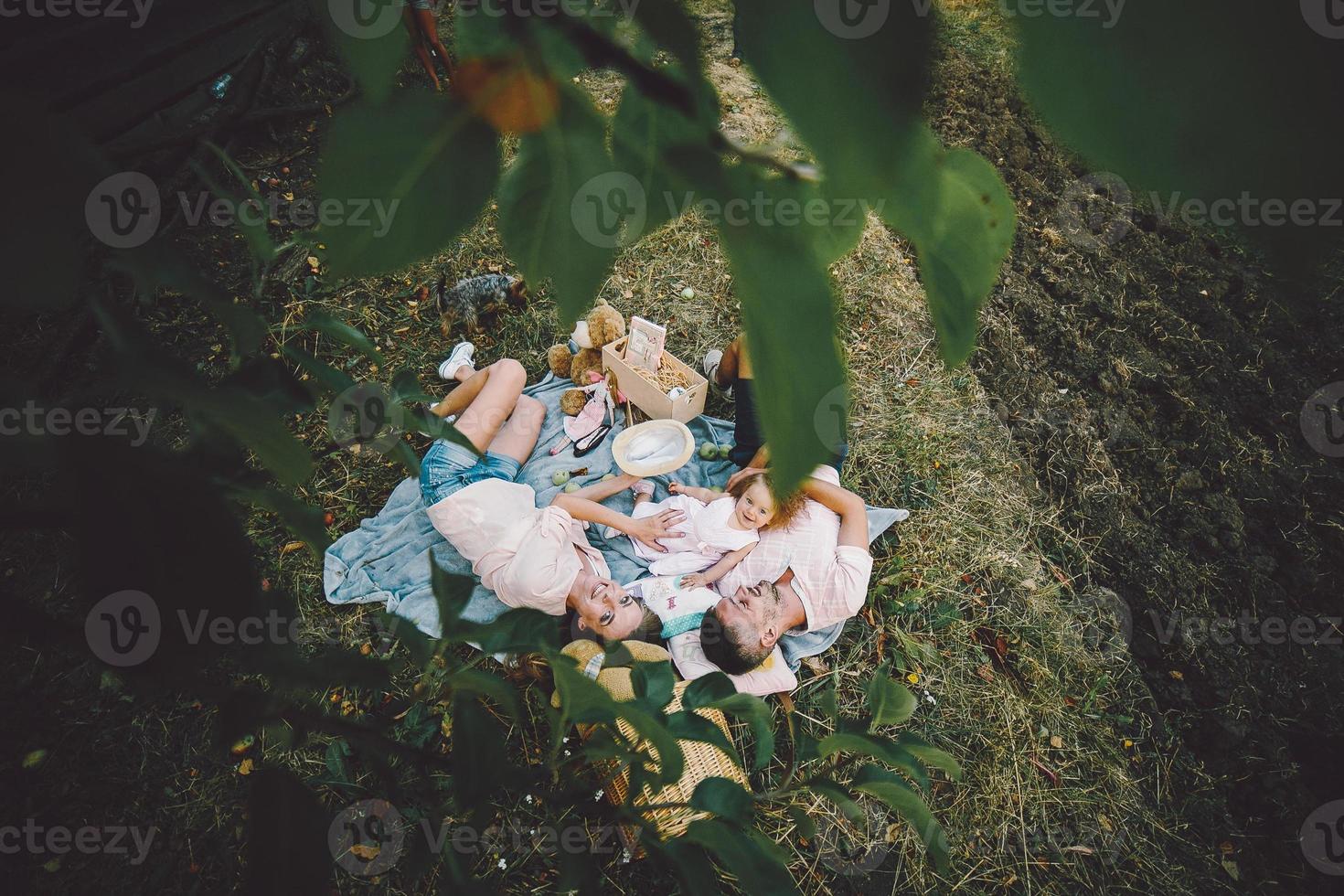 Happy family on lawn in the park photo