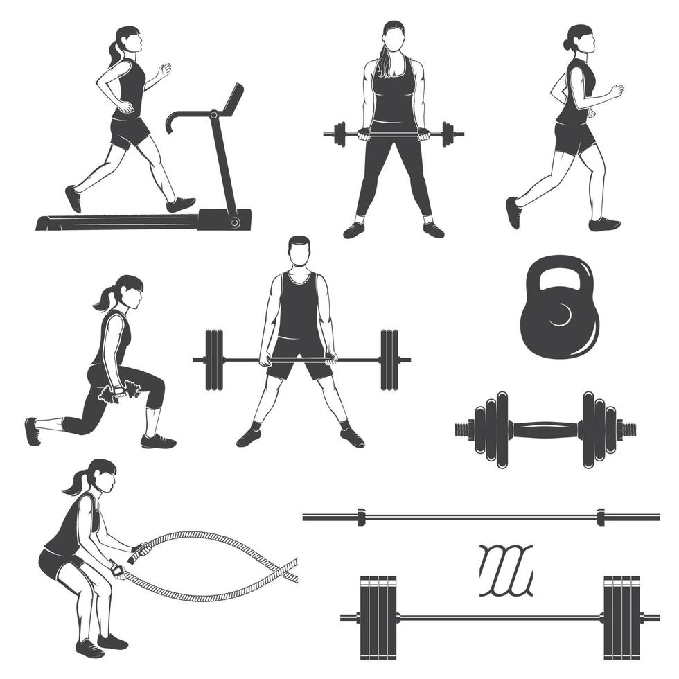 Set of fitness girls with fitness equipments silhouette vector