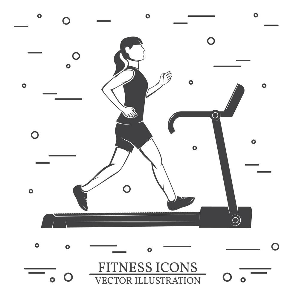 Girl run on the treadmill machine. Vector illustration.