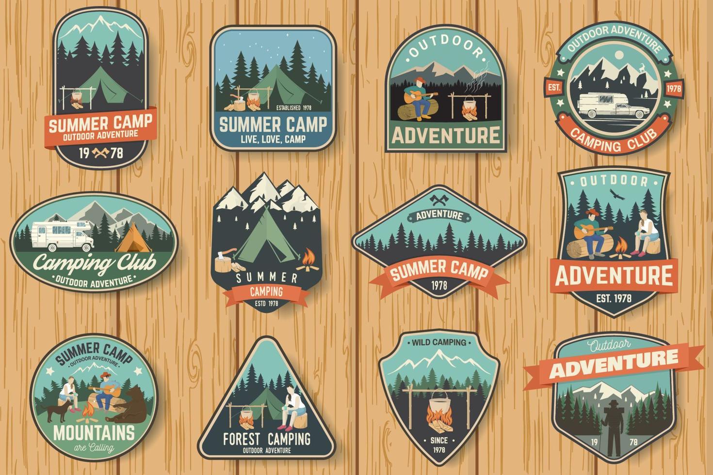 Set of Summer camp badges on the wood board. Vector. vector