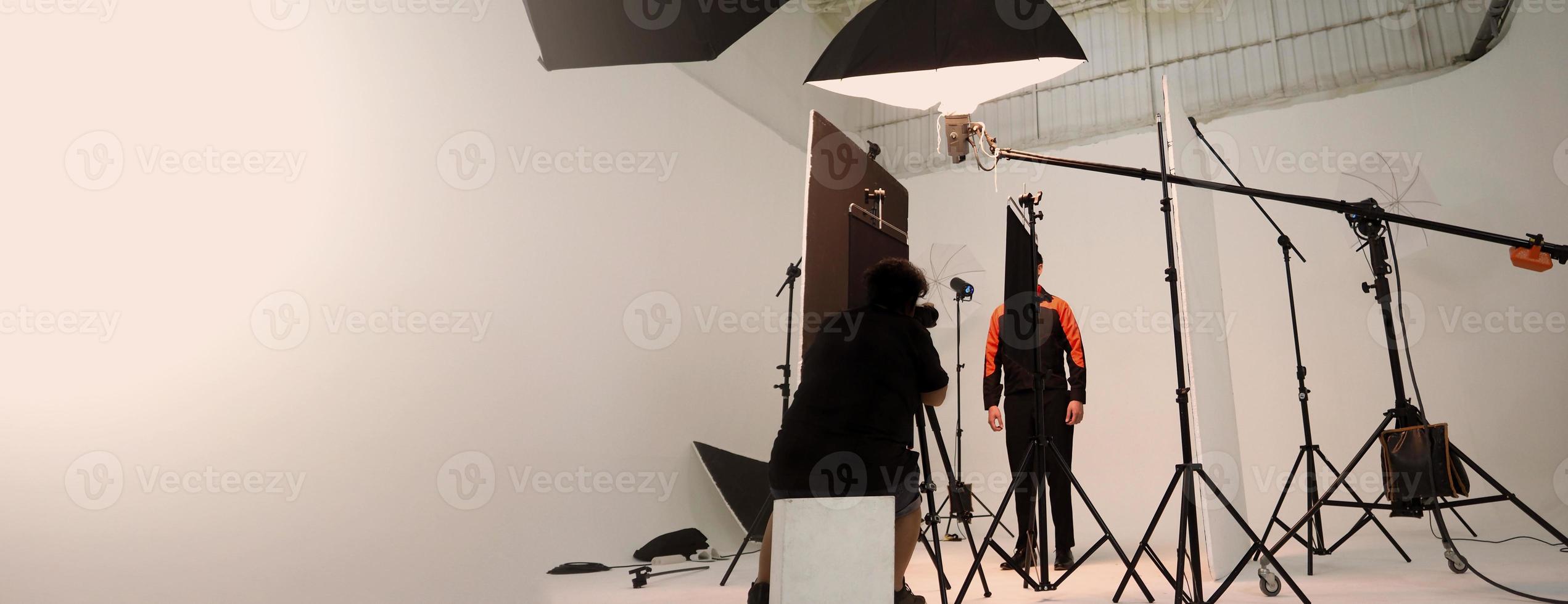 Studio video production lighting set. Behind the scenes shooting production set up photo